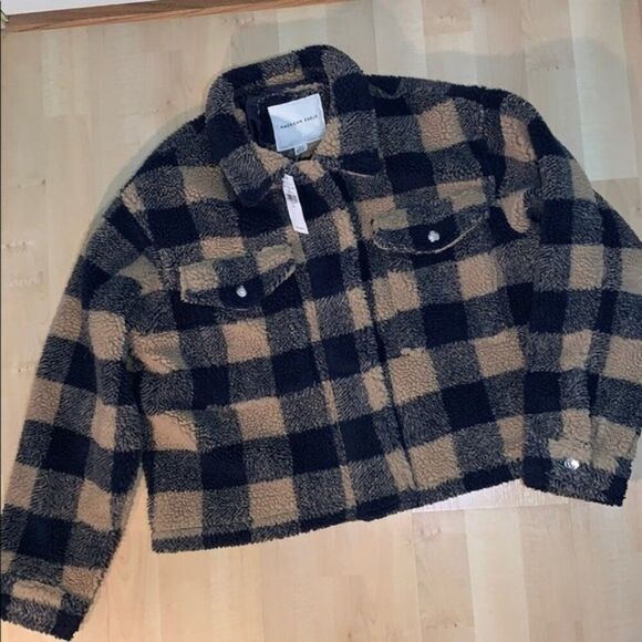 NWT American Eagle Checkered Zip-Up Sherpa Shacket - Picture 2 of 12